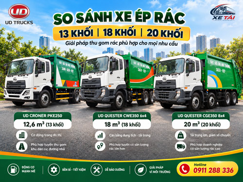 So sánh xe ép rác 13 khối, 18 khối và 20 khối UD Trucks